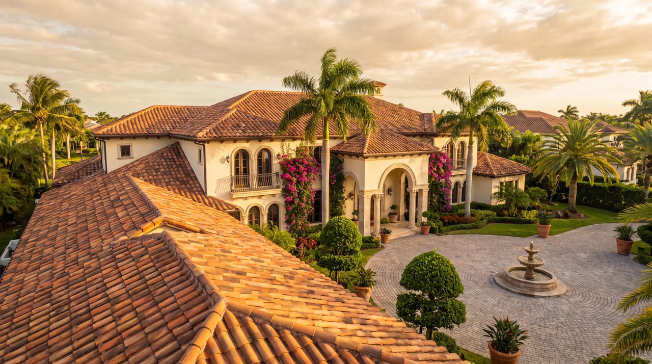 Terracotta tile roof on a Mediterranean-style home installed by Exotic Exteriors