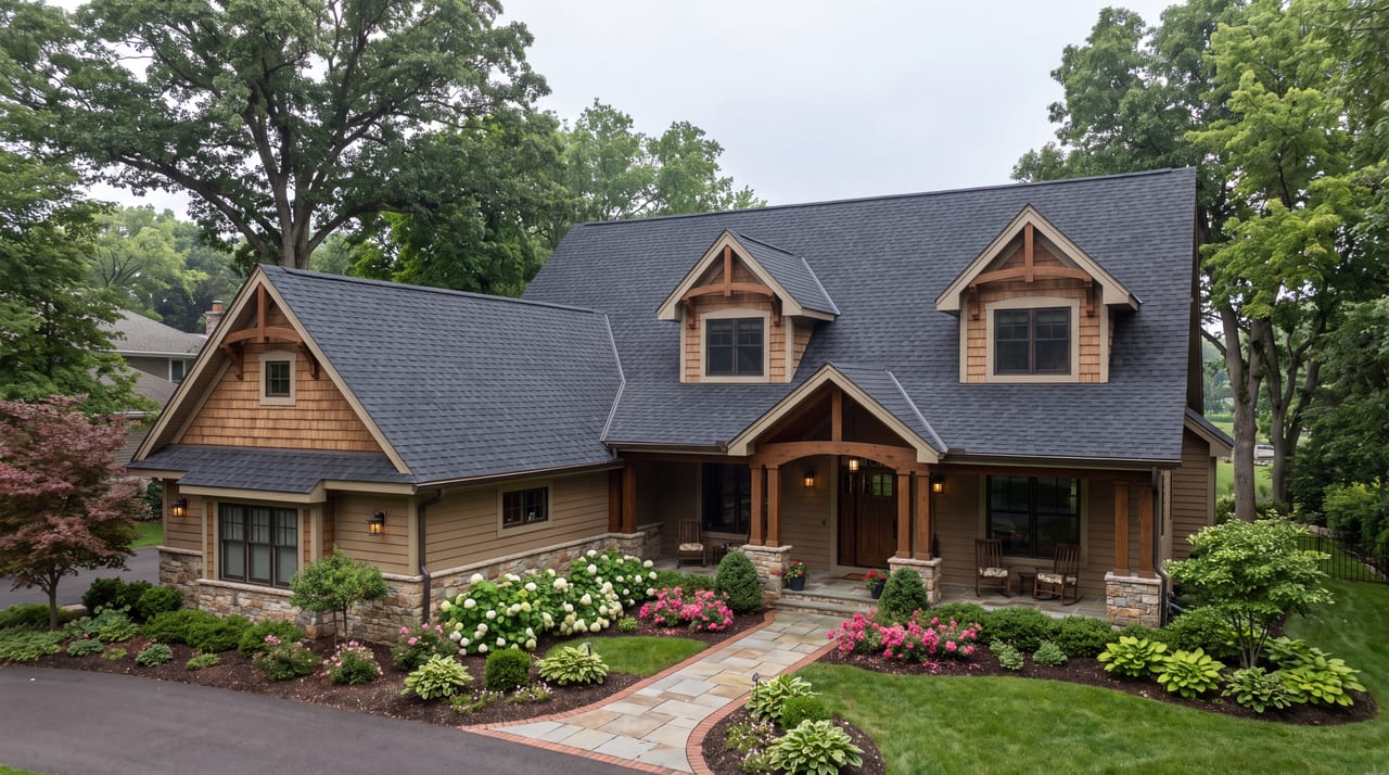 Architectural asphalt shingle roof on a craftsman home installed by Exotic Exteriors